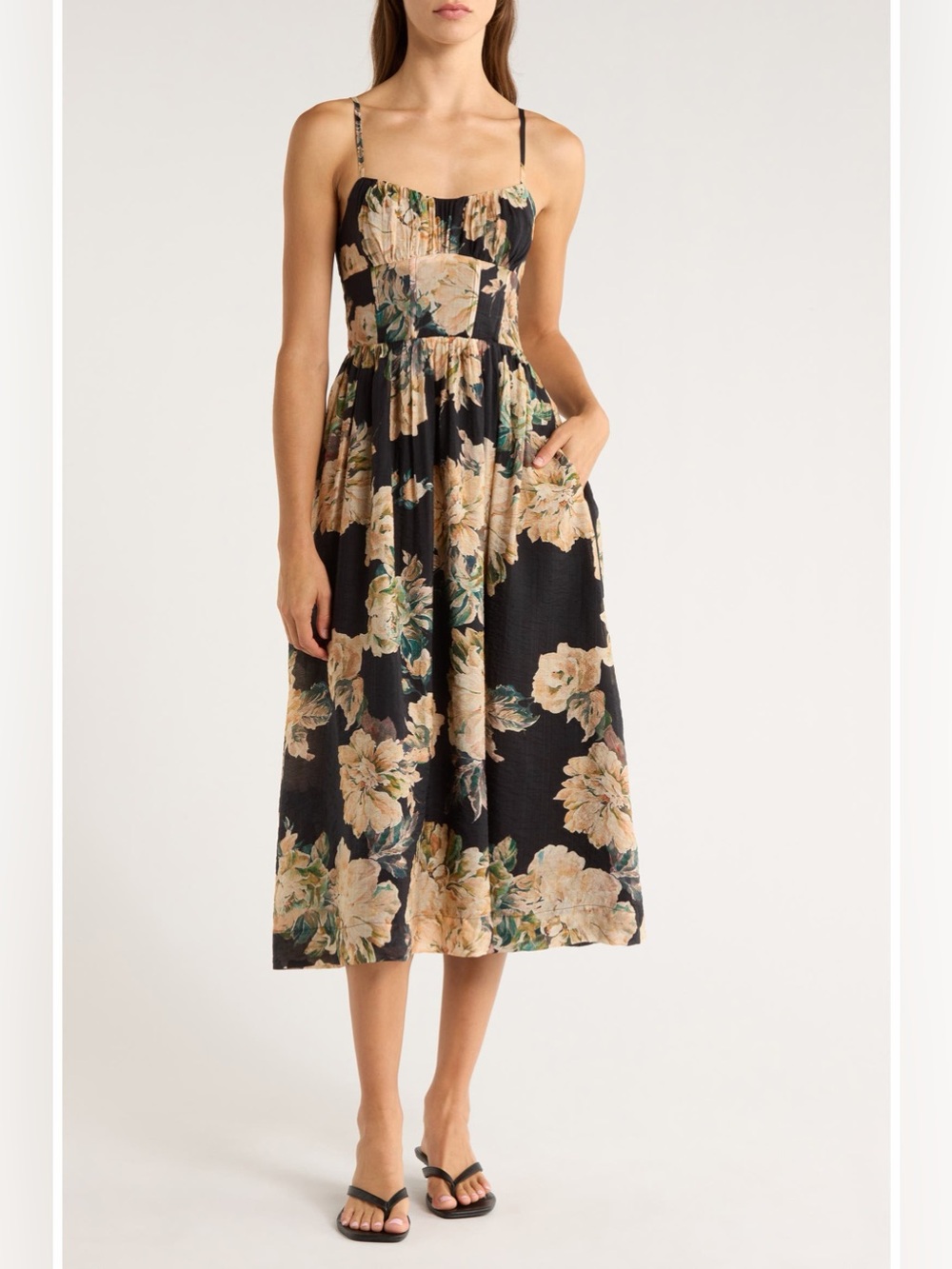 En Saison Black Midi Dress with Beige Floral Print